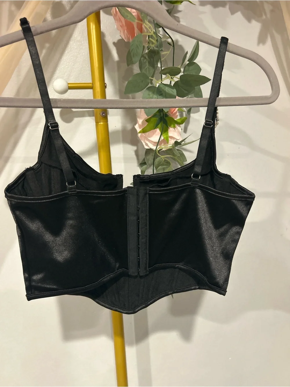 TYNORA Black Satin Rhinestone Corset Bustier Crop Top Size Small